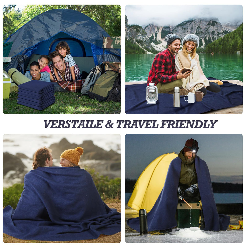 3 Pieces Wool Camping Blanket Fire Retardant Emergency, Navy