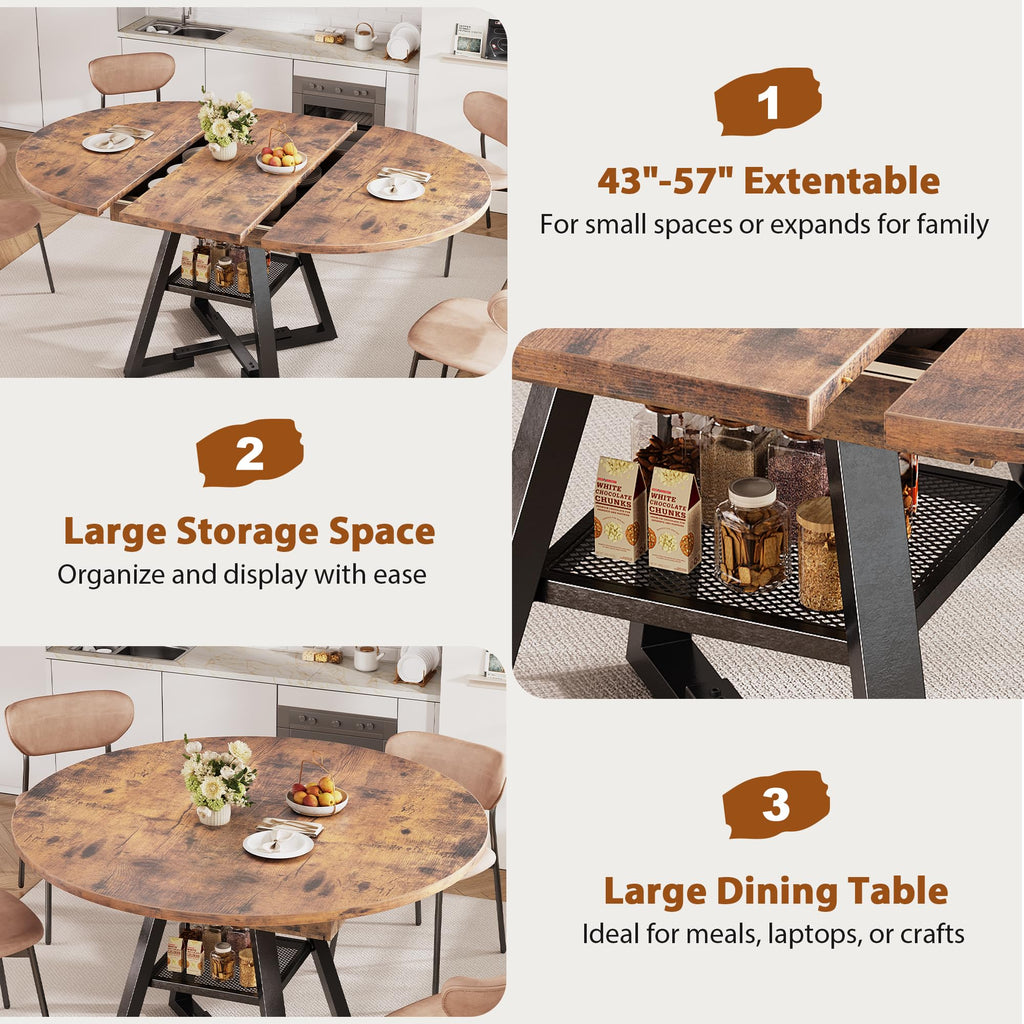 43''-57'' Extendable Round Dining Table for 4-6, Modern Industrial Kitchen Oval Dining Table with Removable Leaves