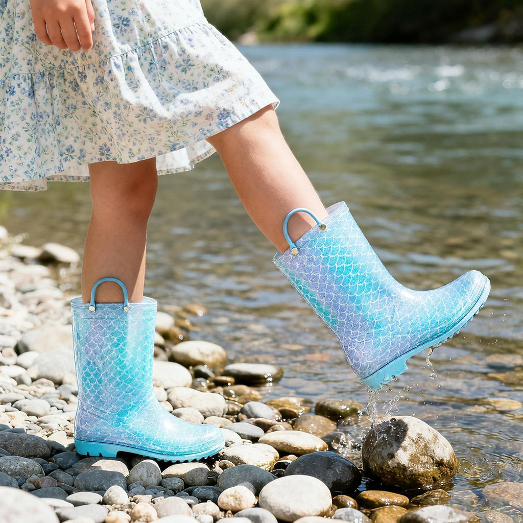 Toddler Rain Boots For Girls Waterproof Rainboots Little Girls Glitter Unicorn Rain Boots For Kids With Easy-On