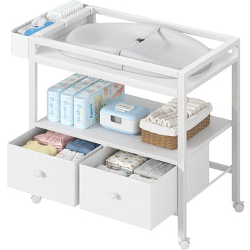 Baby Changing Table with Storage, White Baby Dresser with Changing Table Top, Diaper Changing Station with 2 Fabric