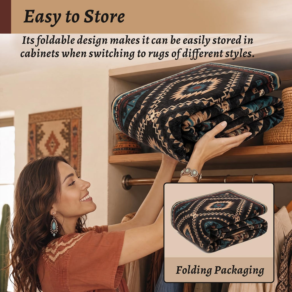 Western Rugs, Machine Washable Soft Non-Slip Aztec Area Rug, Low-Pile Southwest Non-Shedding Foldable Dining