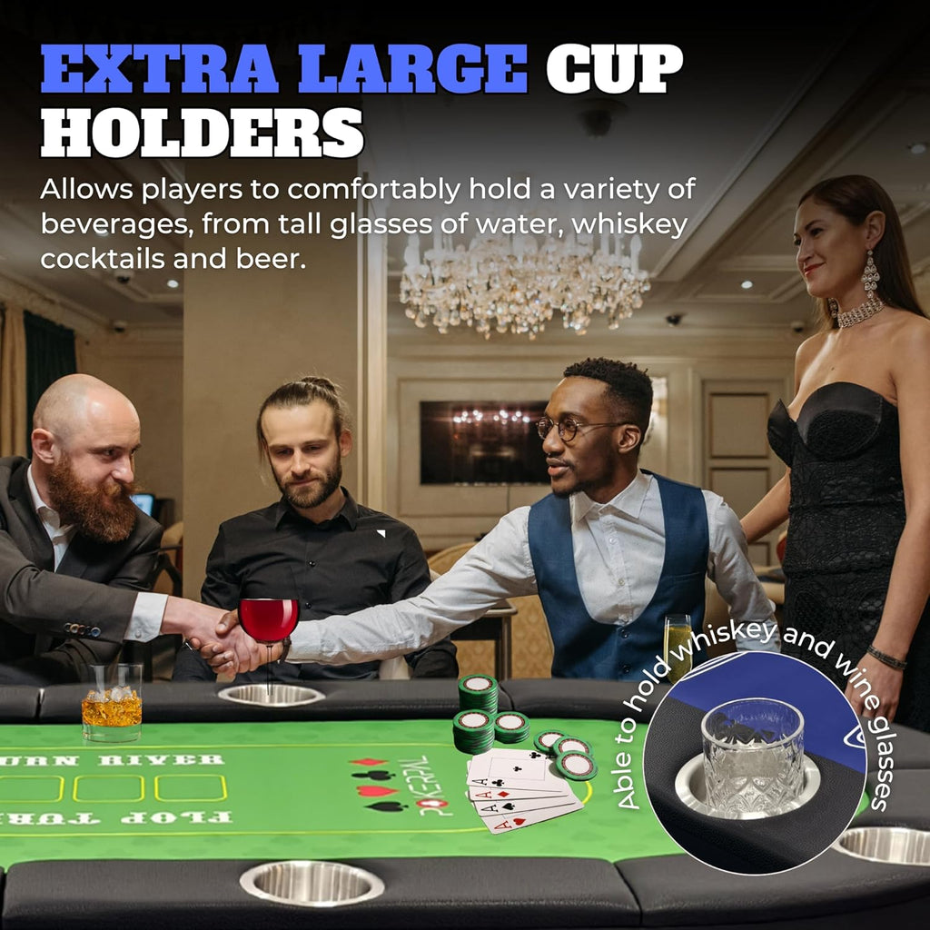 8 Player Poker Table with 2 Interchangeable Game mats, Texas Holdem and Blackjack, Collapsible Casino Table with
