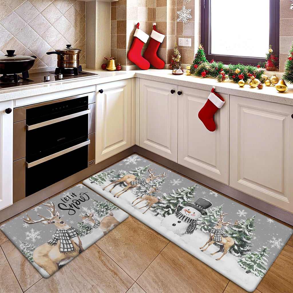 Christmas Kitchen Rugs Set of 2 Forest Reindeer 17x27.5+17x47