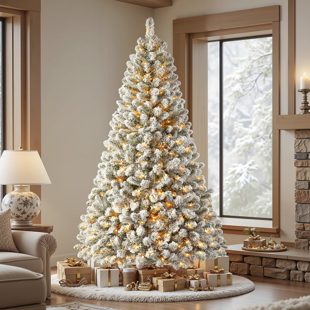 Prelit Flocked Spruce Artificial Christmas Tree with Remote