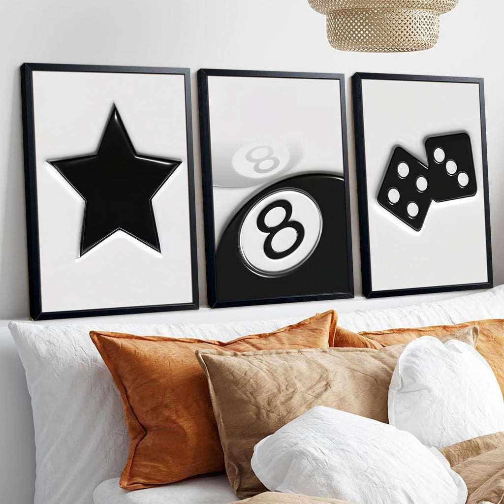Black And White Wall Art Set of 3, Vintage Y2k Dice 8 Ball Canvas Prints Painting, Funky Lucky Preppy Posters