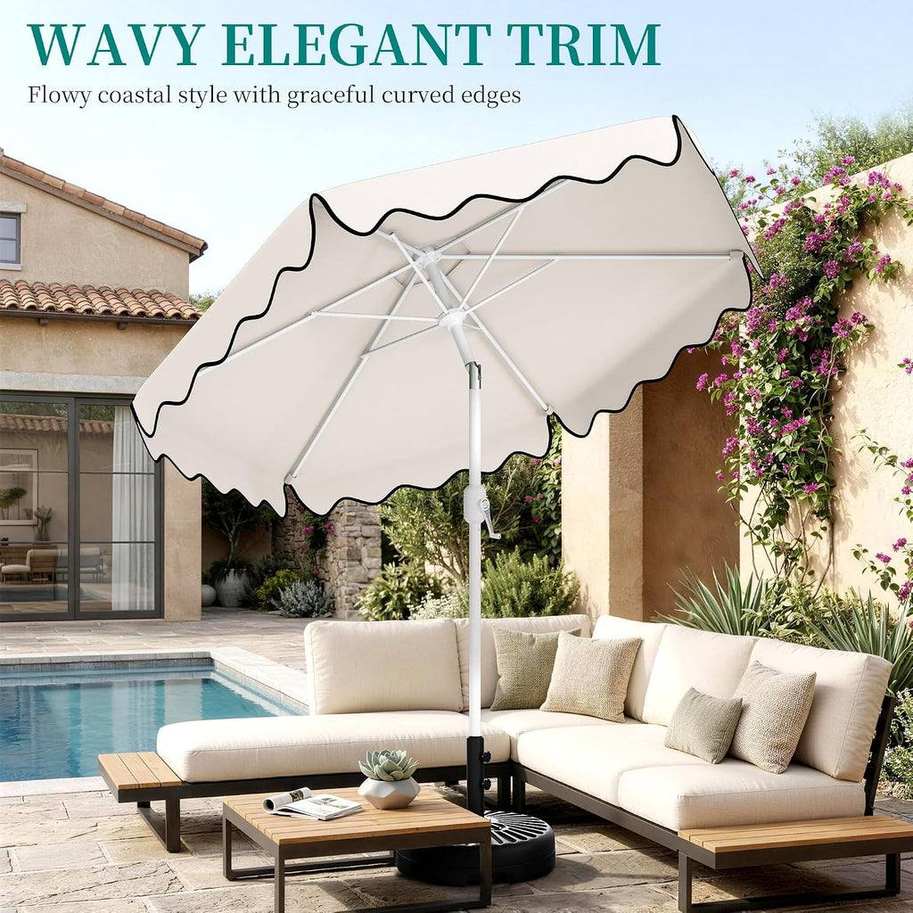 Patio Umbrella with Wavy Trim, UV-Fade-Resistant Canopy, Crank & Tilt - White 9ft