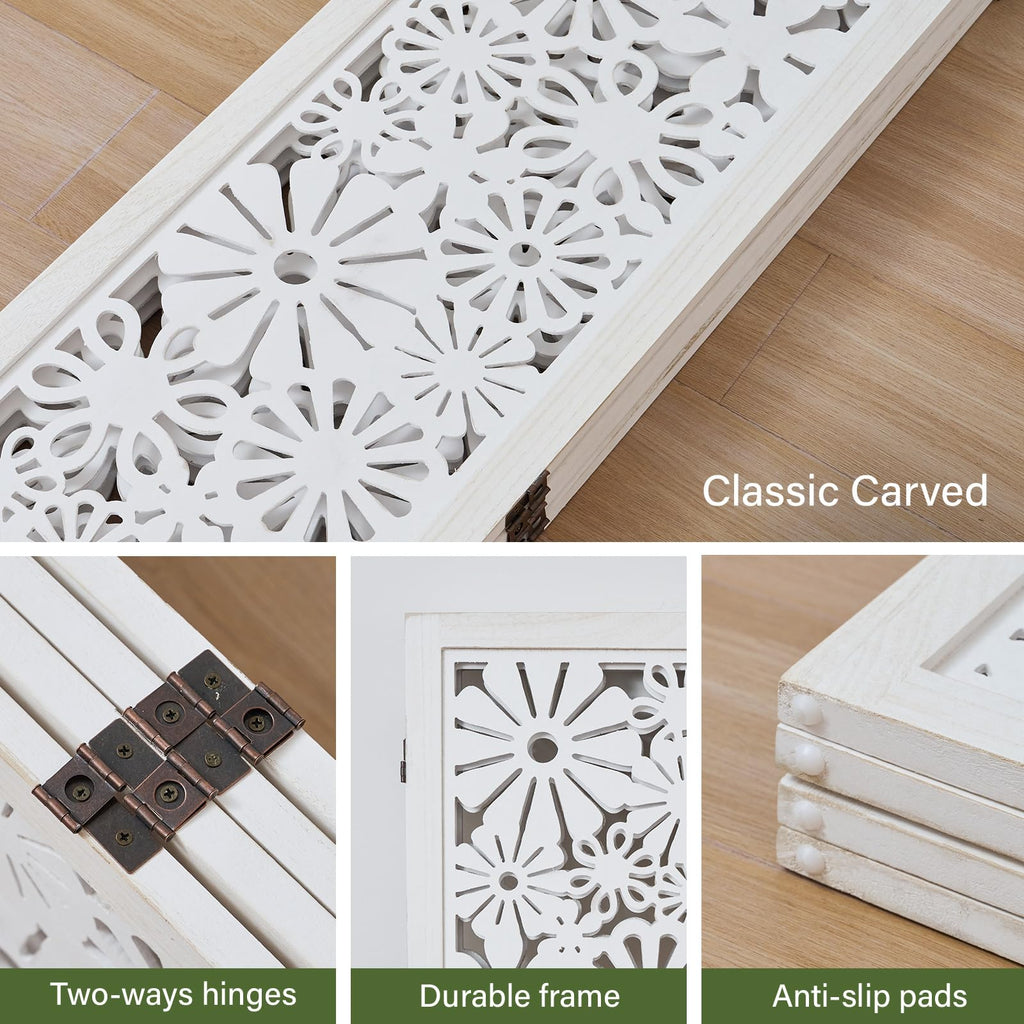 Folding Wood Room Divider Panel, 67 Inch Tall Daisy-Carved Privacy Screen - No-Assembly Required, Decorative Flower