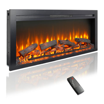 44" Electric Fireplace Insert, Realistic Flame & Resin Log, Adjustable Flame Brightness, Thermostat, Remote, Timer