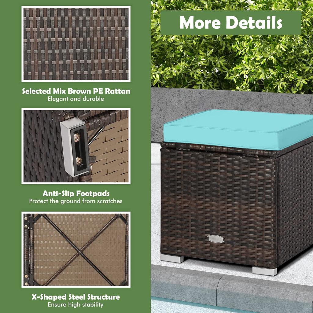 2PCS Patio Ottoman Set Outdoor Wicker Stool with Storage, Rattan Footrest Ottoman with Solid Metal Frame and Cushion
