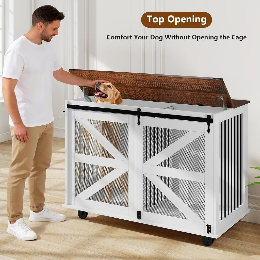 48 Inch XL Dog Crate, Wood XXL Dog Crate Furniture with Wheels, Flip-Top Feeding Door, Removable Divider, Farmhouse