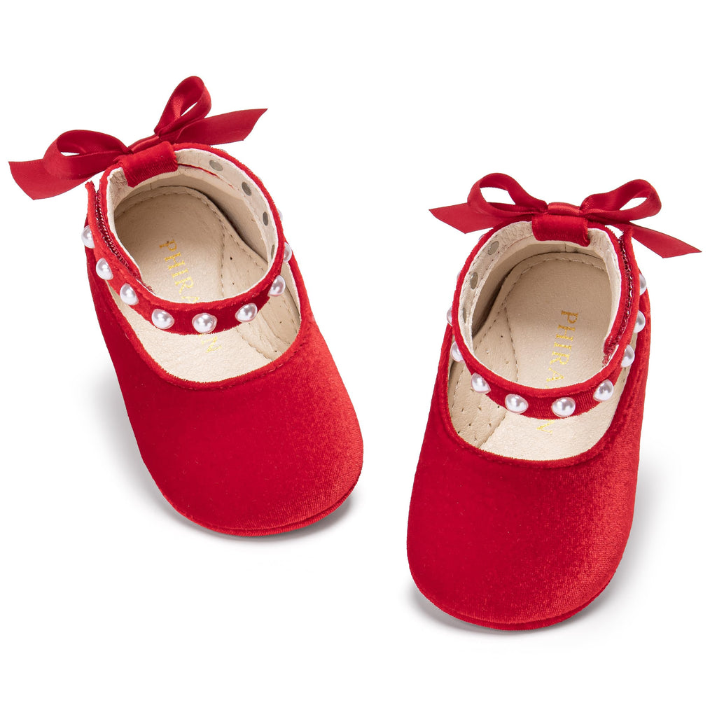 Baby Girls Velvet Red Mary Jane Flats - Infant Walking Shoes Soft Rubber Sole Princess Wedding