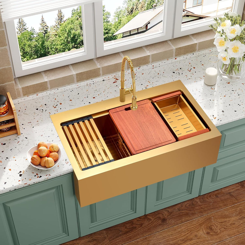 Gold Double Bowls Kitchen Sink, 33" x 22" Drop Sink, 50/50 Double Bowls Farm Sink, 16 Gauge Stainless Steel