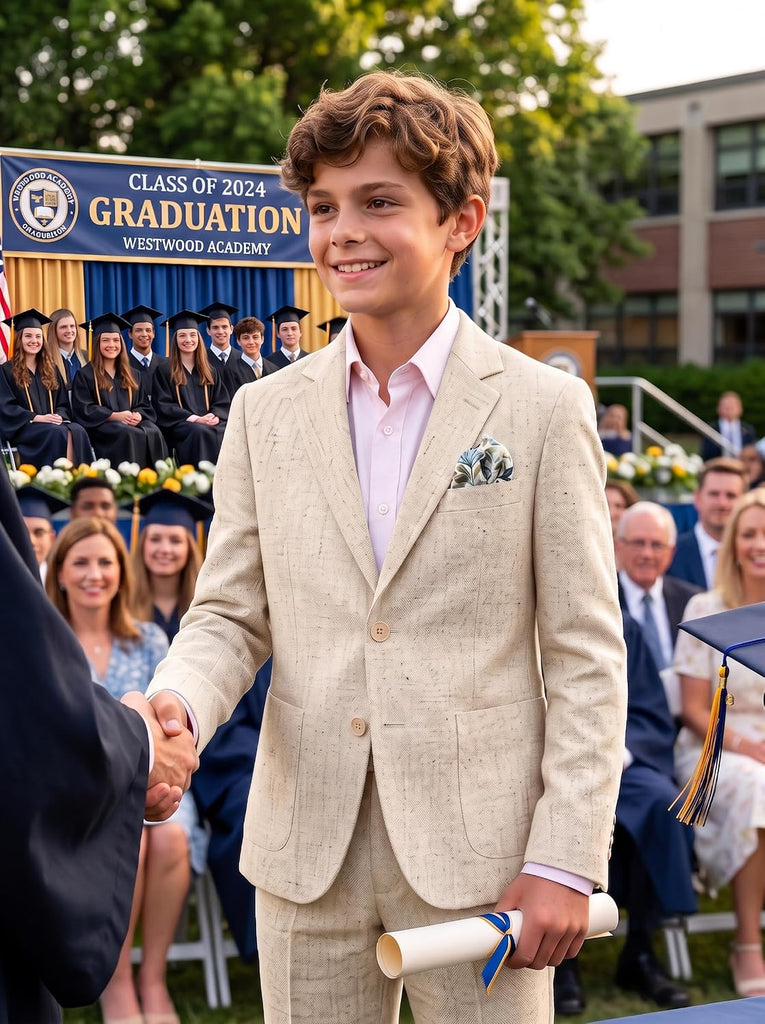 Boys Linen Suits for Boy Slim Fit 2 Piece Set Jacket Pants Wedding Outfit