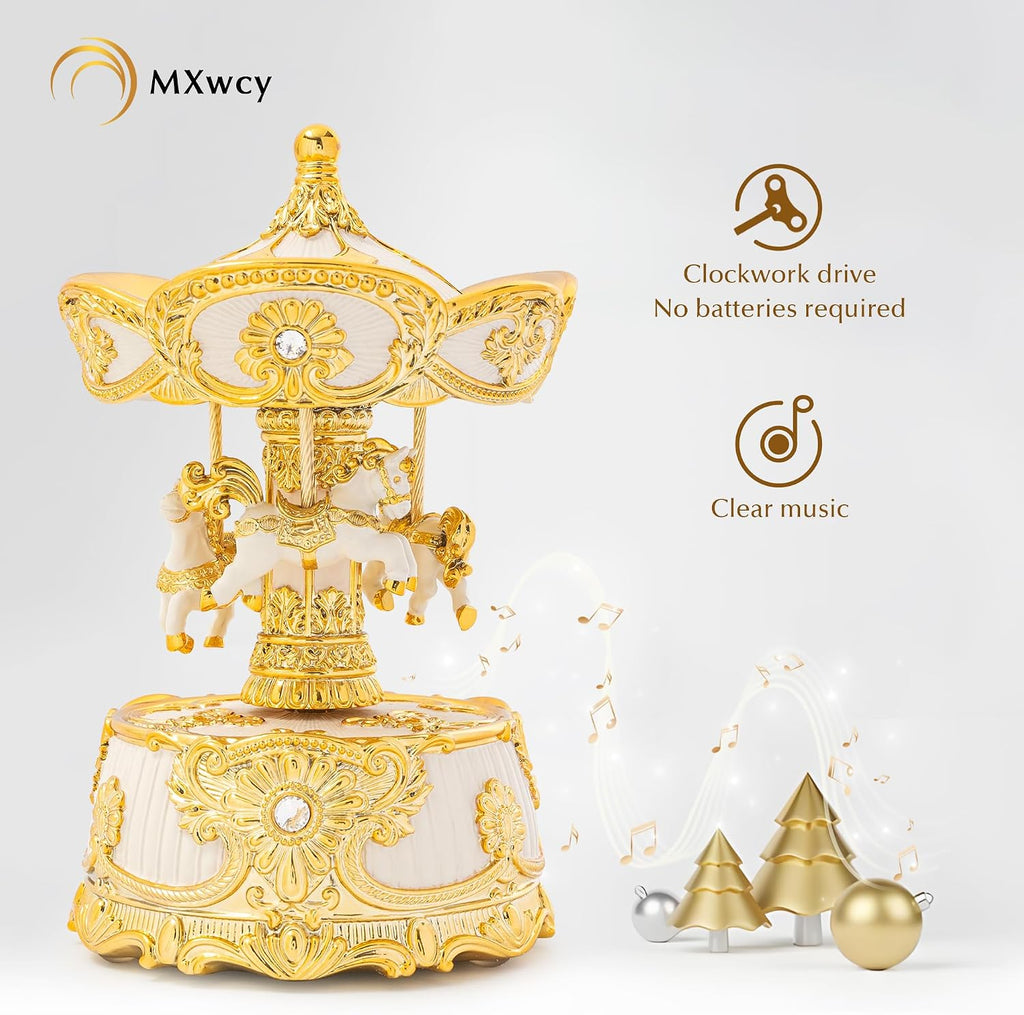 6.2" Horse Carousel Music Box, Vintage Rotating Merry Go Round with Wind Up Melody, Gold & Ivory Musical Carousel