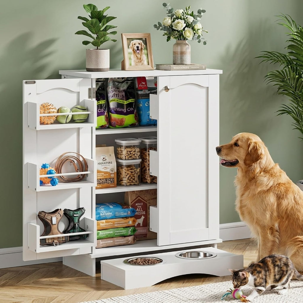 23.5"(w) Dog Feeding Station with Storage, Dual Door Hung Storage, Hidden Feeding Bowls, (Off White)