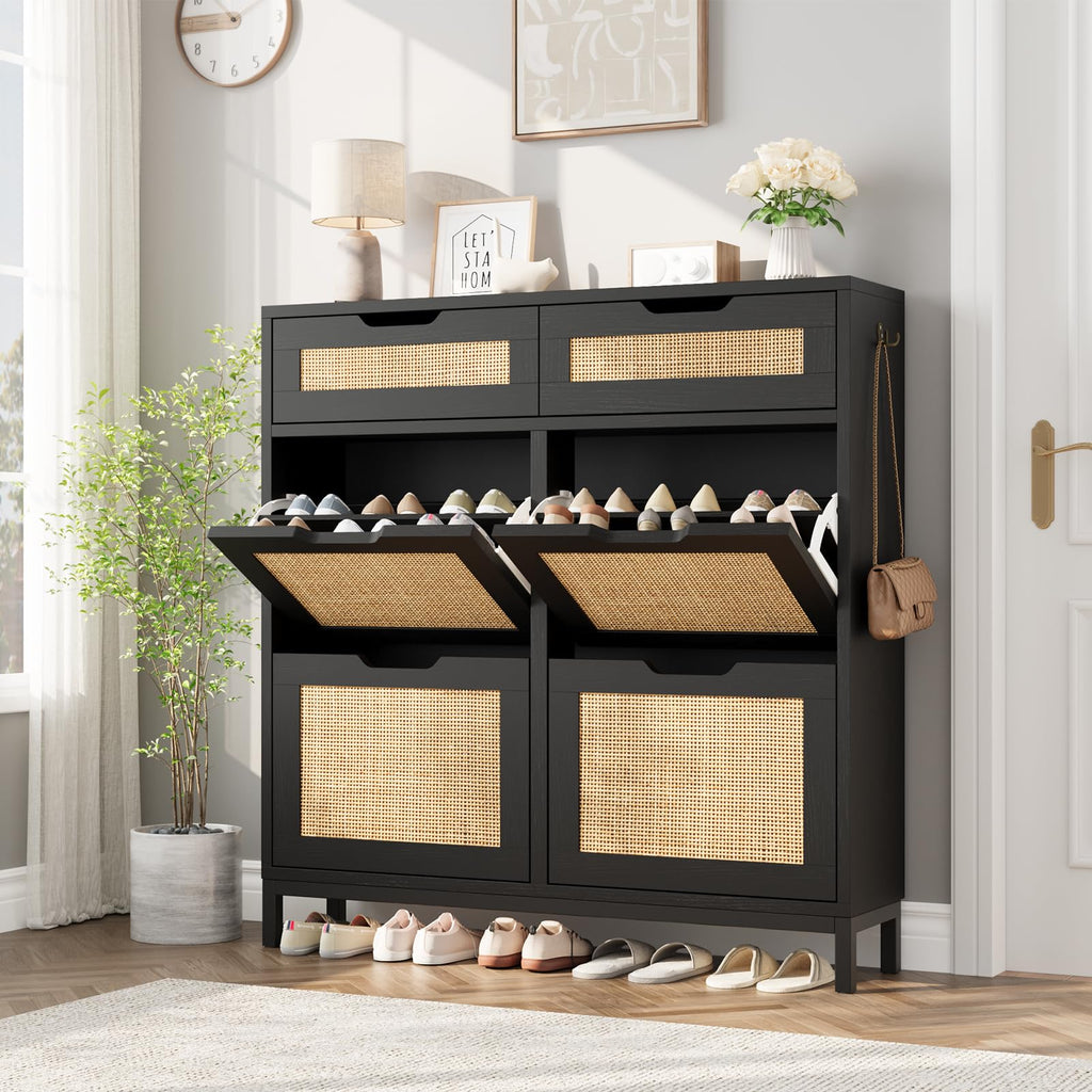 Rattan Shoe Cabinet, Boho Shoe Storage Cabinet with 4 Flip Drawers and 2 Drawers, Narrow Freestanding Shoe Rack with