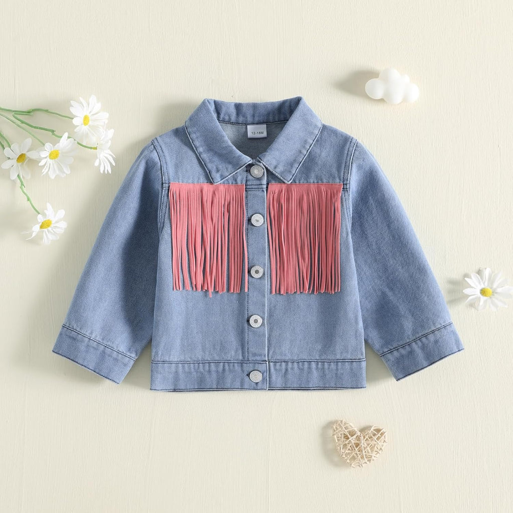 Girl Jean Jacket Tassels Long Sleeve Button Denim Coat
