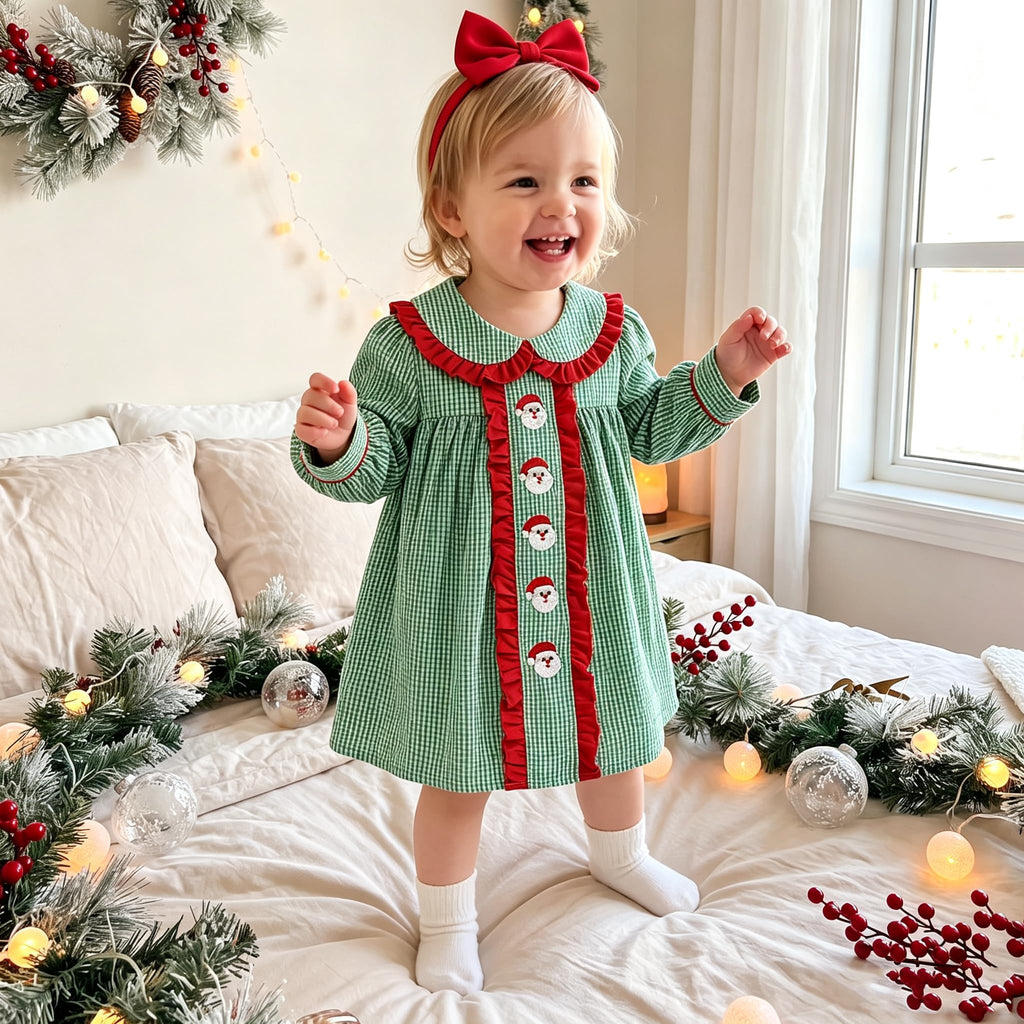 Christmas Toddler Baby Girl Outfit Plaid Smocked Dress Long Sleeve Collar Dress Fall Winter Cute Dresses for Girls