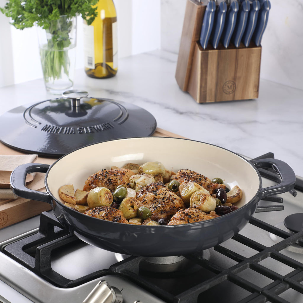 Gatwick Enameled Cast Iron Braiser with Lid, 3.5-Quart Braiser Pan for Stovetop & Oven, Cast Iron Braising Pan, Grey