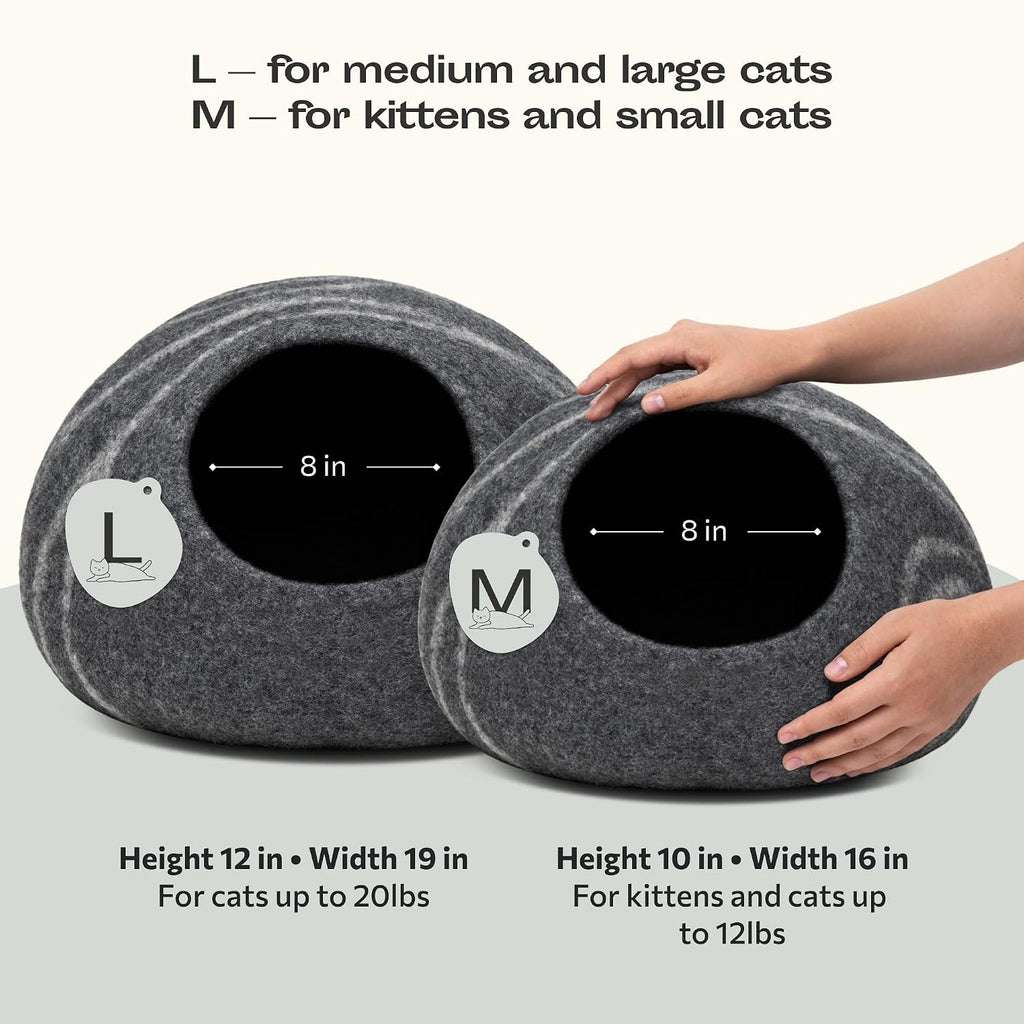 Premium Felt Cat Bed Cave (Dark Grey/Large) and Wool Ball Toys (6-Pack) Bundle