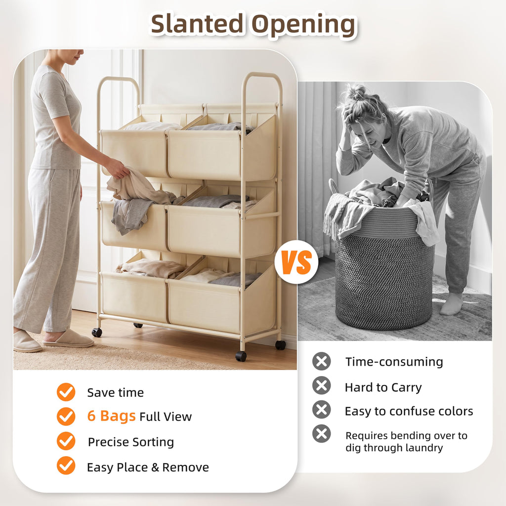3-Tier Double Column Vertical Rolling Laundry Hamper, 6 Removable Bags
