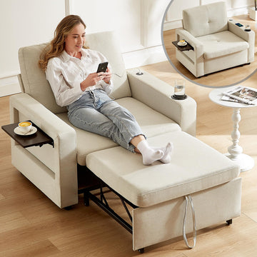 3-in-1 Sleeper Sofa Chair Bed, 42.5" W Convertible Sleeper Chair with Pull Out Bed, USB Charging Ports & Wing Table