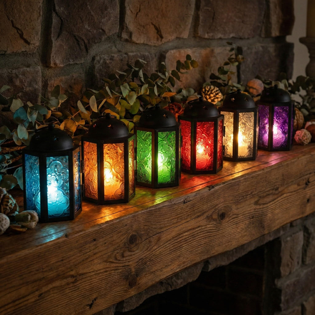 Mini Moroccan Tea Light Candle Holder Lanterns - 4.25" Small Decorative Lantern for Table or Hanging, Metal with