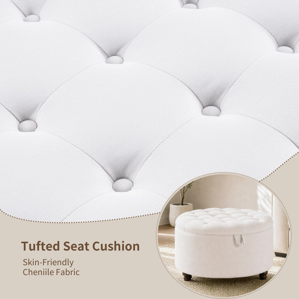 30" Round Storage Ottoman Coffee Table, Tufted Lid & Wood Top, Beige