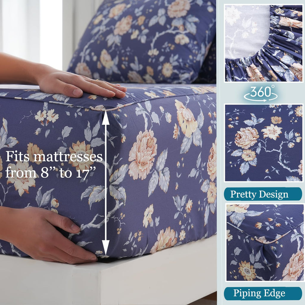 Navy Blue Floral Bed Sheets Set - King Size Percale Cotton Shabby Rustic Peony Flower Print Dark Bed Sheets - Soft