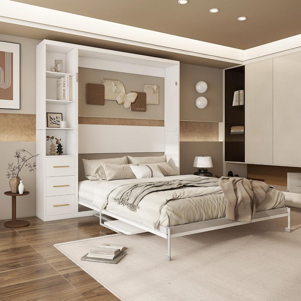 Queen Murphy Bed with Desk and Side Storage, Foldable Wall Bed with Drawers and Shelves, Space-Saving Cabinet Bed for