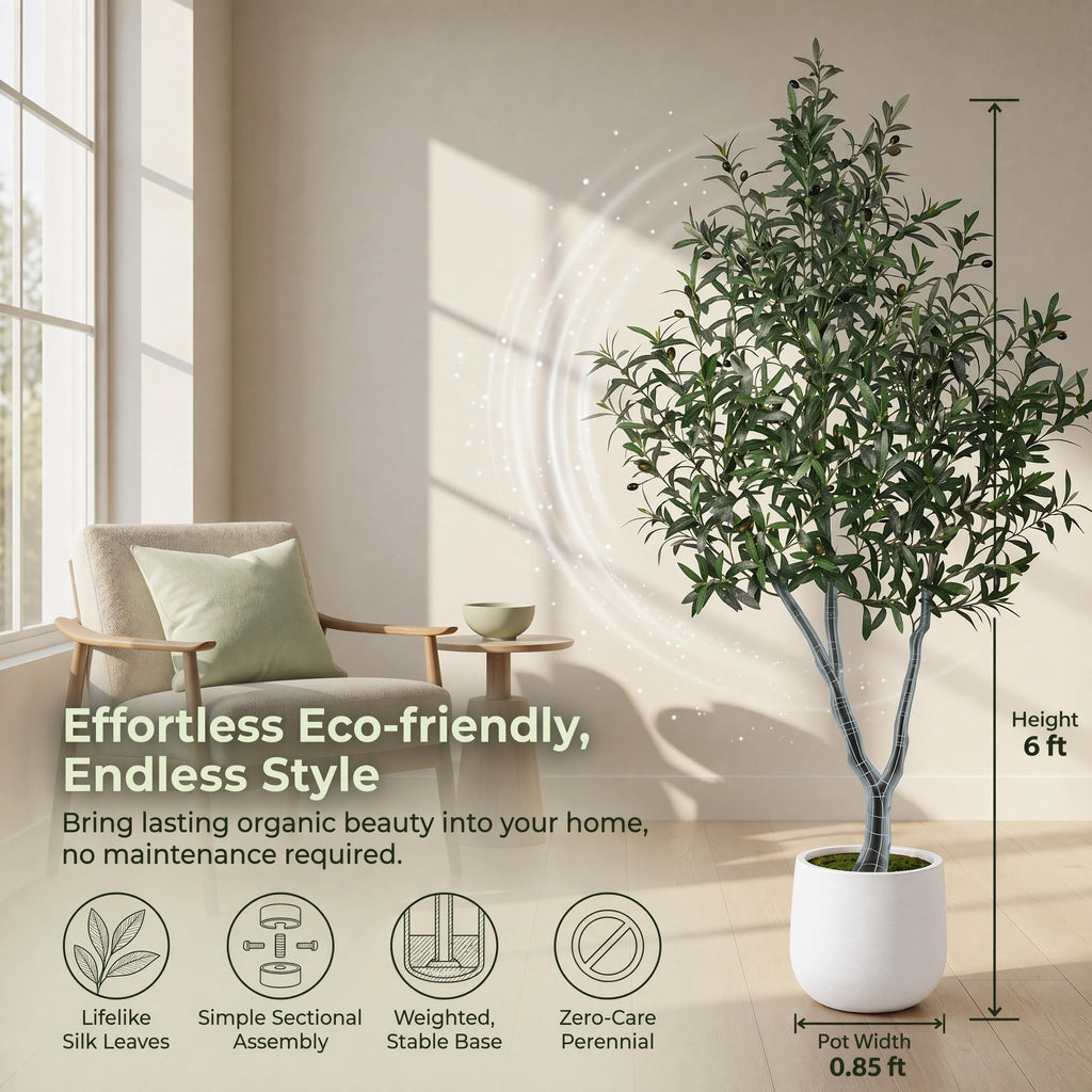 6FT Olive Trees Artificial Indoor, Thick Trunks, White Exquisite Planter, Fake Plants with Realistic Leaves and