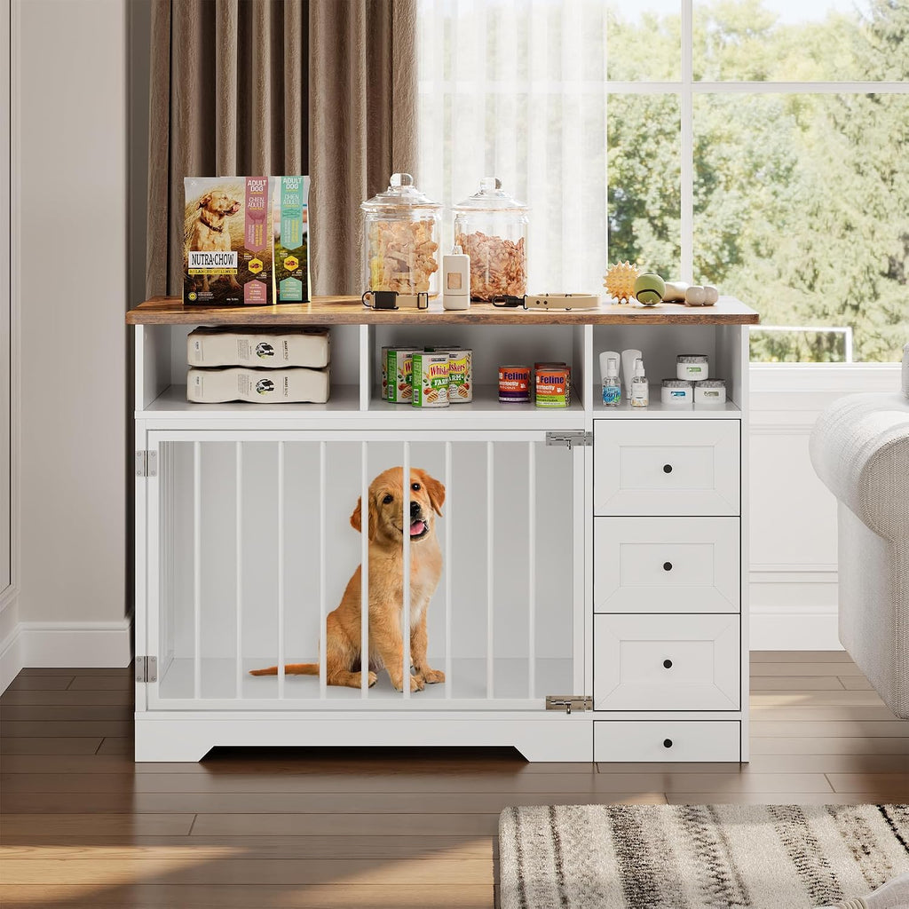 48'' Dog Crate Furniture, Heavy Duty Medium Dog Crate with Bowl & Storage Drawers, Crates for Dogs Indoor End Table