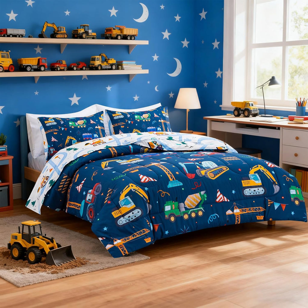 Cars Boy Bedding Comforter Set with Sheets, Twin Cartoon Construction Car Excavator Print Kids Bed in