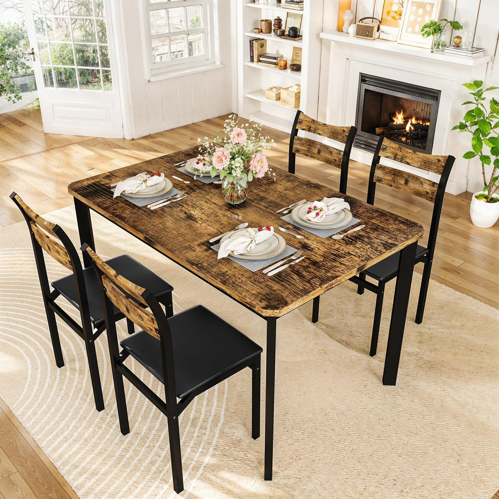 Dining Table Set for 4, 43.3" Dining Room with 4 Upholstered PU Leather Chairs, Modern Wood Table and Chairs Set