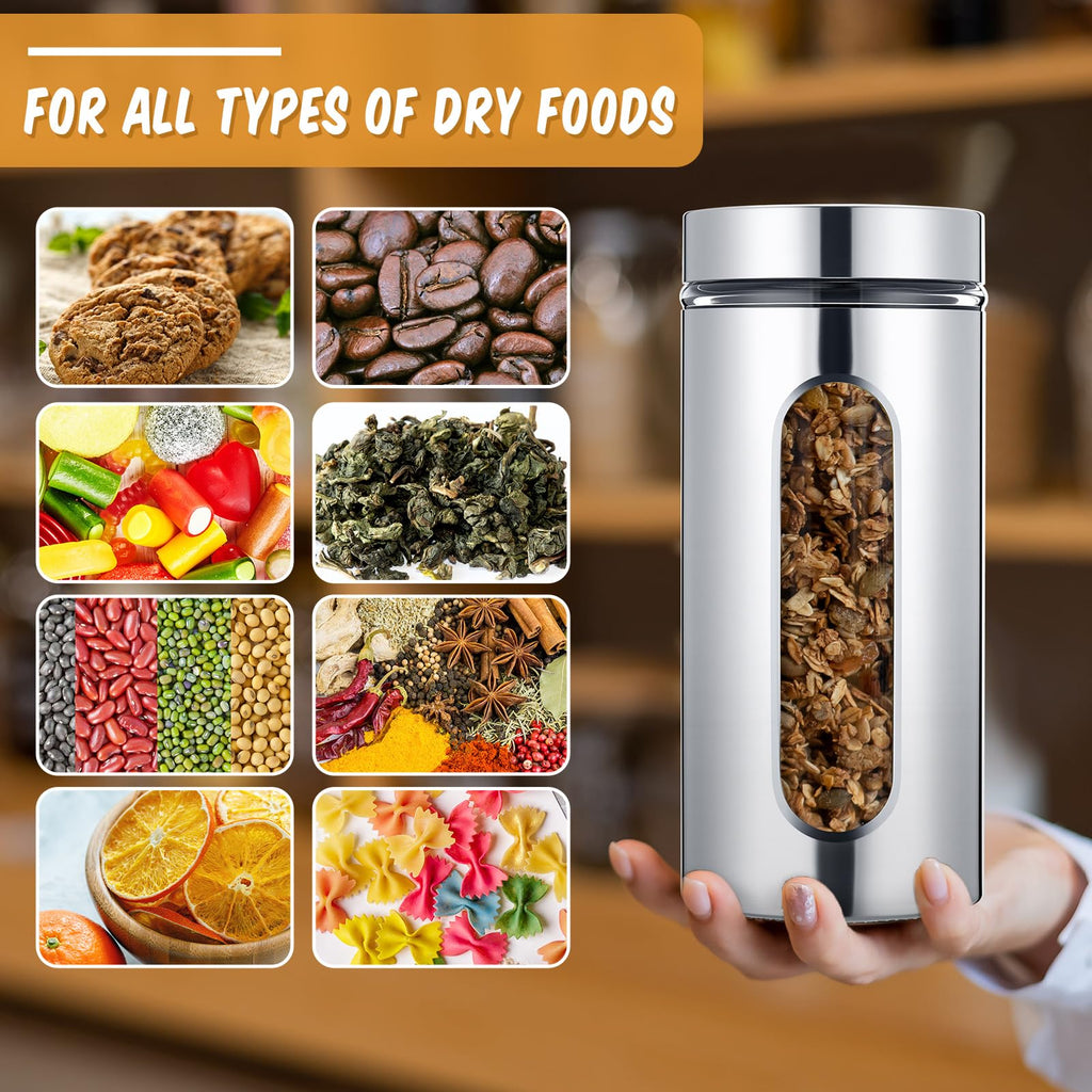9 Pack 44 oz Airtight Stainless Steel Kitchen Canisters, Silver