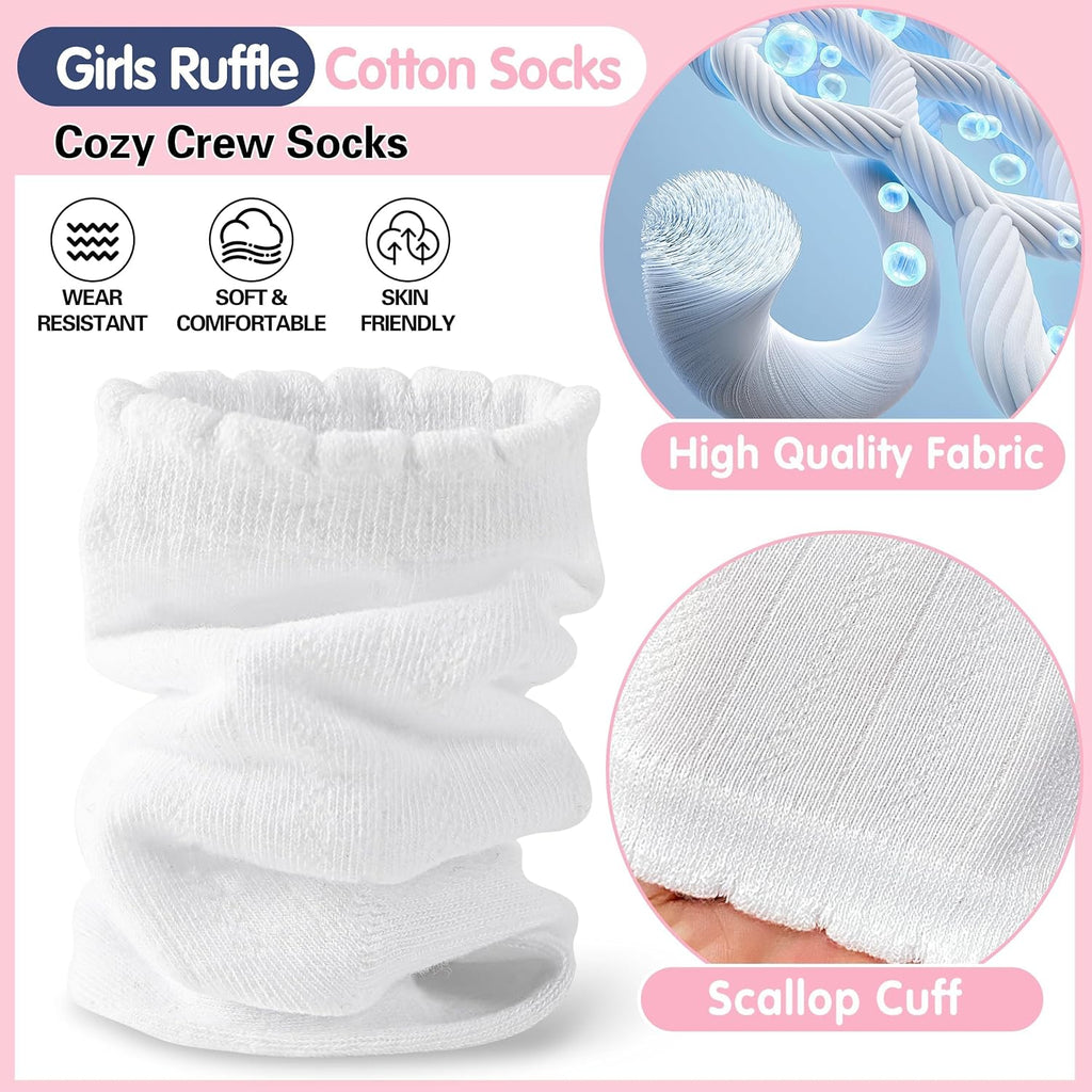 Girls Kids Ruffle Socks Uniform School Dress Crew Cotton Textured Breathable Socks 6 Pairs