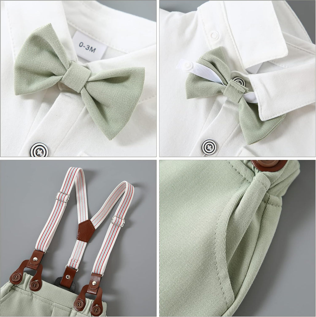 Baby Boy Clothes Suit Gentleman Outfits, Short Sleeve Dress Romper+Bowtie+Detachable Suspender Shorts Set