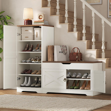 47'' Shoe Cabinet with Bench Seat, 7-Tier Shoe Storage Bench with Hidden Lift Top Storage and Adjustable Shelves