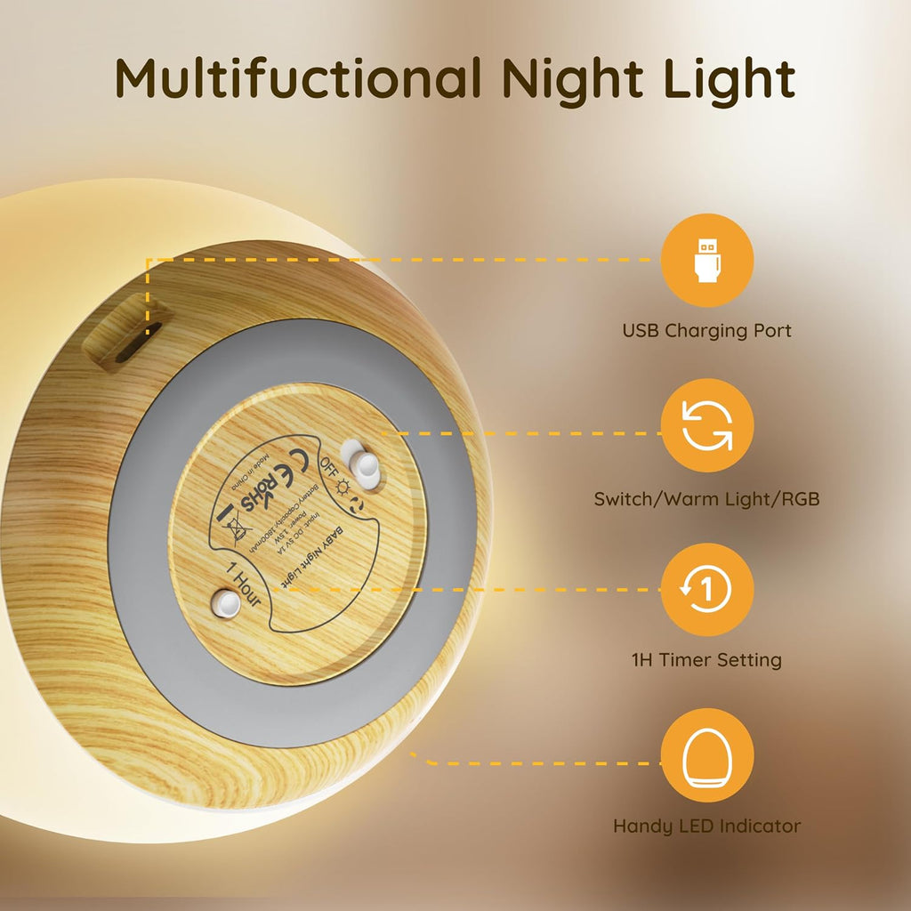 Egg Light, 7 RGB Colors, Dimmable Touch Control Night Light for Kids, Wood