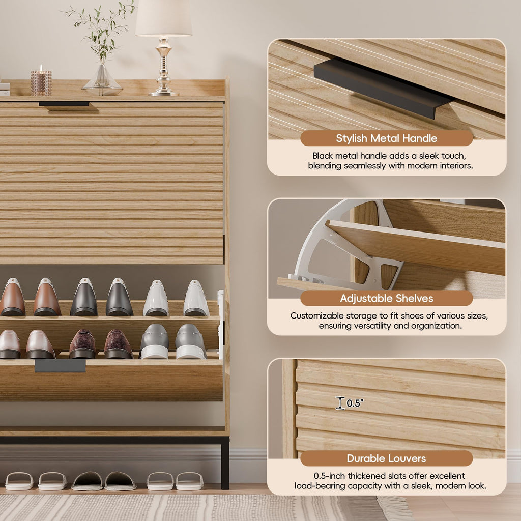 MU Shoe Storage Cabinet with 2 Flip Drawers, Freestanding Fluted Shoe Cabinet, Narrow Wood Shoe Cabinet, Hidden Shoe