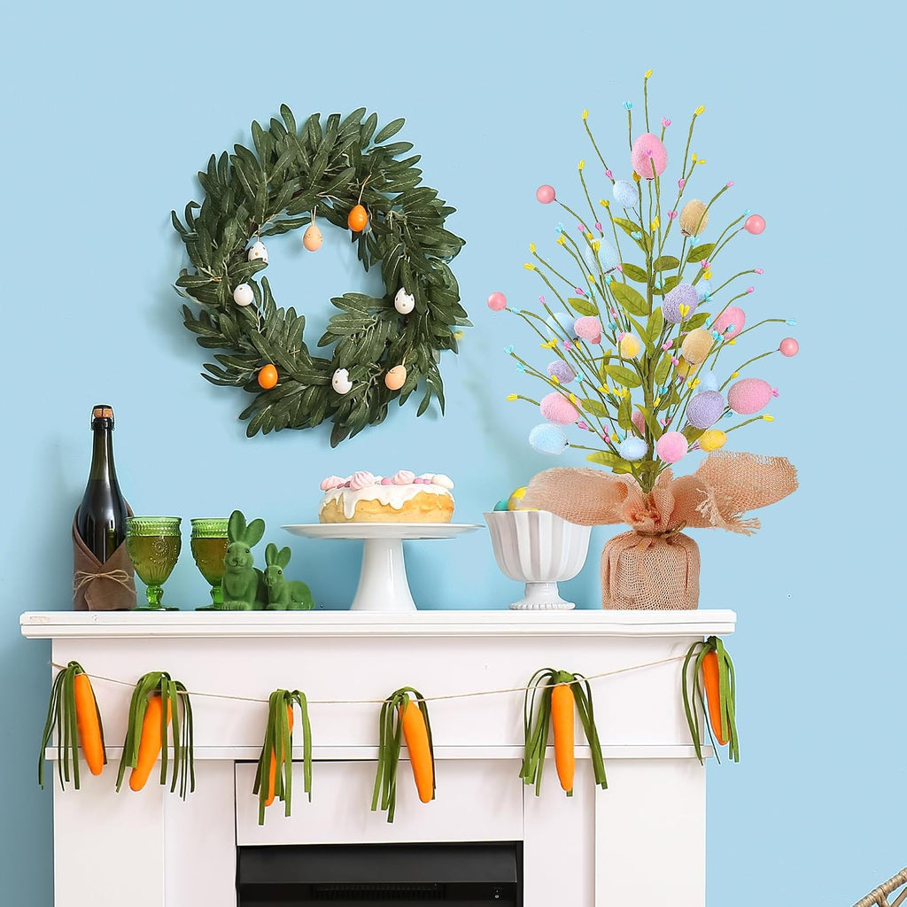 17'' Easter Egg Table Tree Easter Decorations with Artificial Eggs Greenery Leaves Berries Artificial Tree Decor