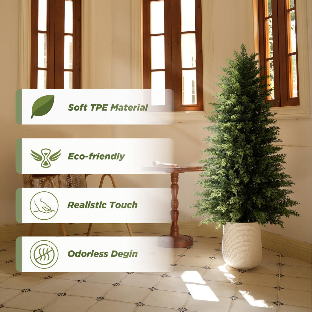 4ft Artificial Cedar Topiary Tree, Set of 1 Realistic Faux Evergreen Shrub Plant in Planter, Indoor Outdoor Fake