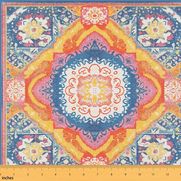 Blue Orange Fabric By The Yard, Boho Vintage Upholstery Fabric, Retro Floral Exotic Decorative Fabric for Women