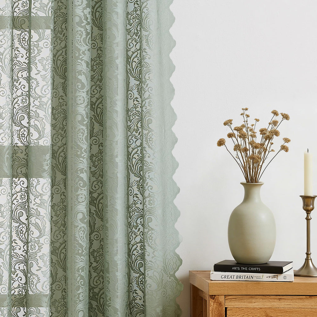 Sage Green Lace Sheer Curtains Small Window Boho Vintage Floral Embroidered Drapes with Scalloped Edge, Light