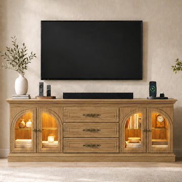 Farmhouse LED TV Stand for 70 in TV with Power Outlets, Natural Oak