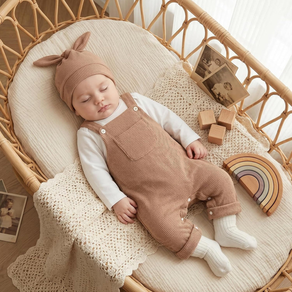 Newborn Baby Boy Clothes Infant Long Sleeve Romper Waffle Suspender Overalls Pants Hat Set Fall Winter Outfits