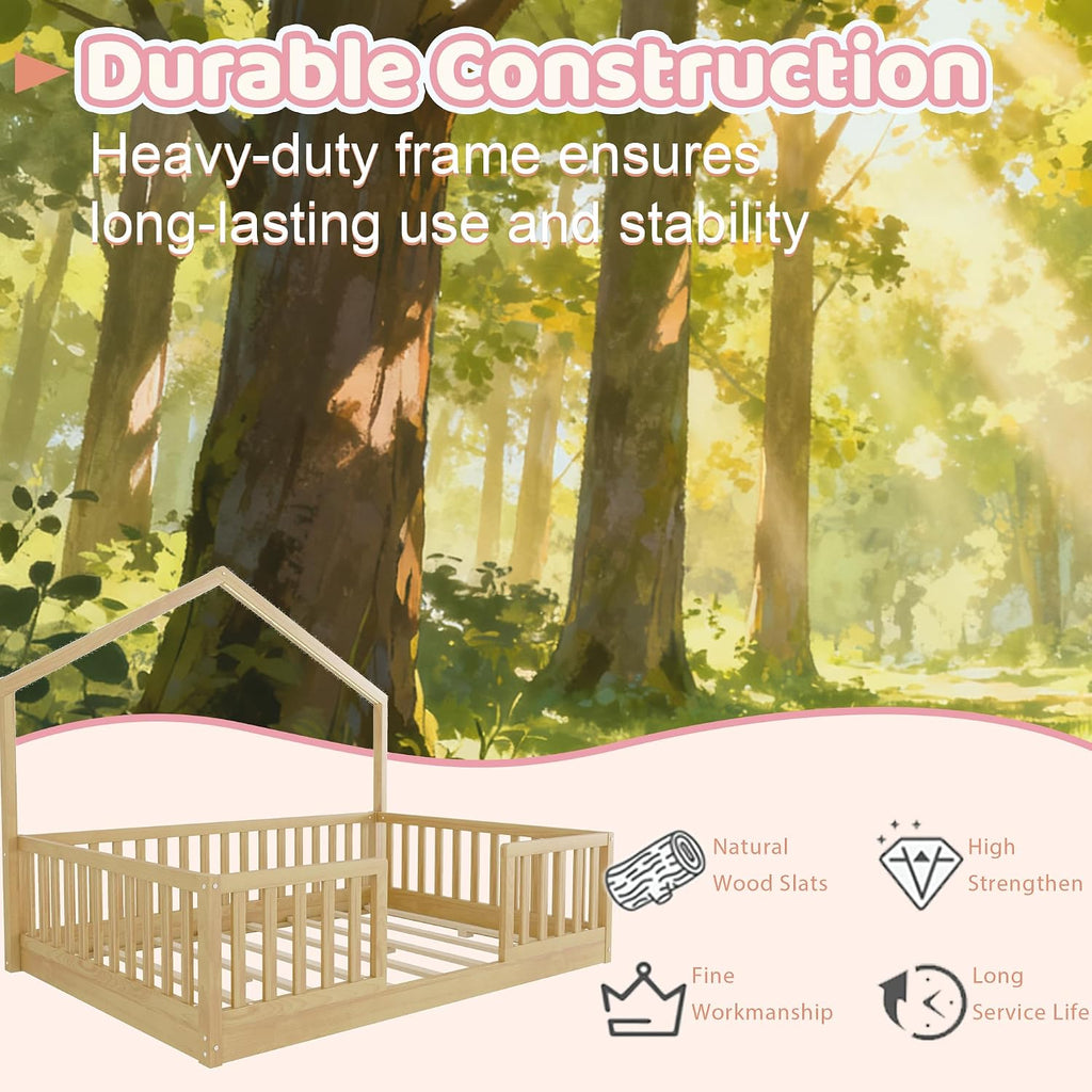 Montessori House Floor Bed with High Rails and LED Light, Natural