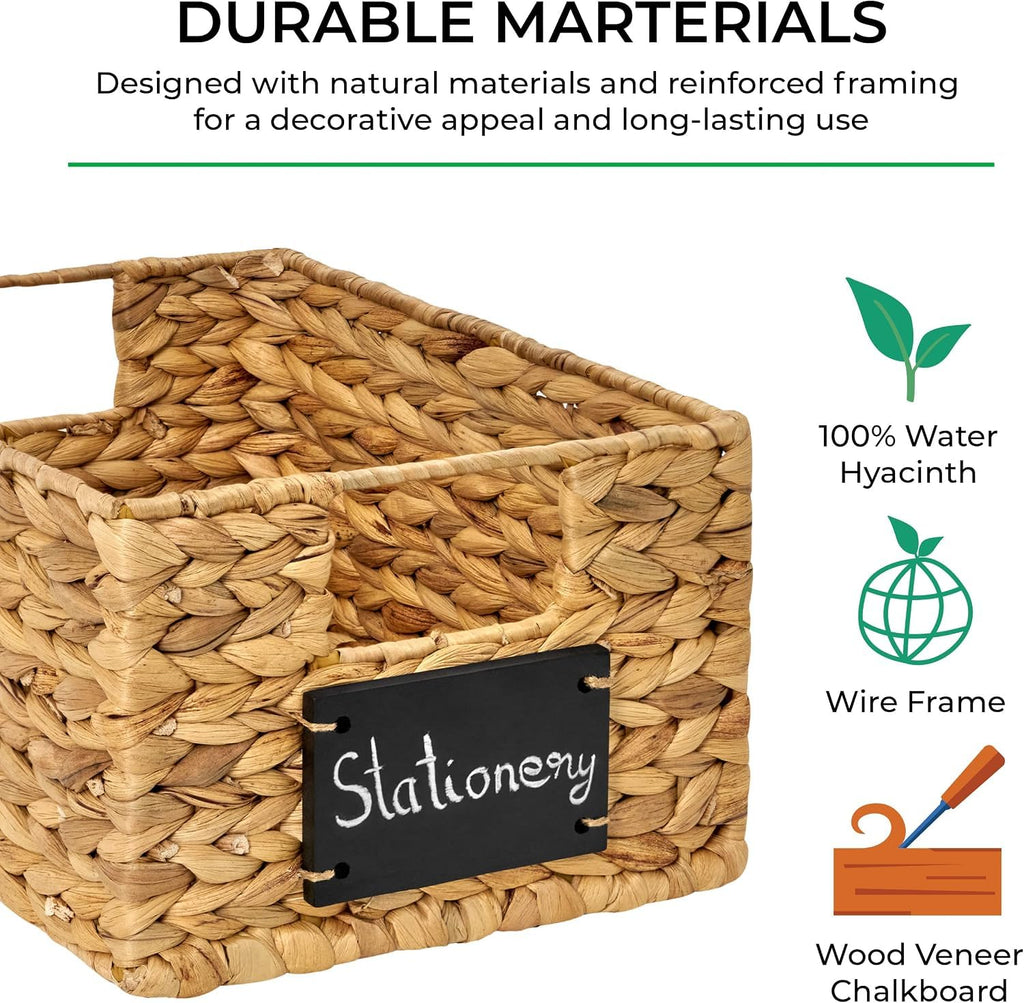 Water Hyacinth Storage Basket, Set of 6 Woven Wicker Baskets for Organizing with Chalkboard Labels and Chalk Marker