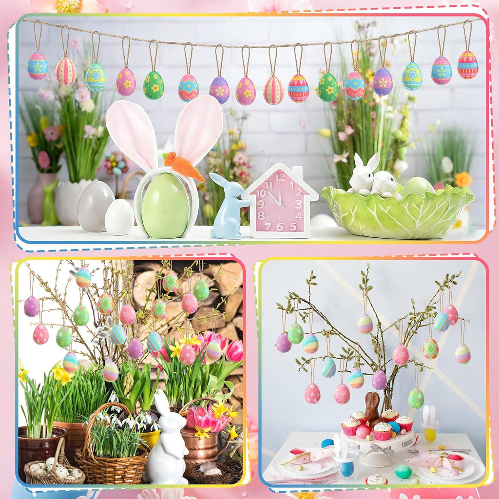 Felt Easter Egg Tree Ornaments 3D Hanging Egg Decoration for Tree with Flower Colorful Stripes Felt Easter - Set of 20