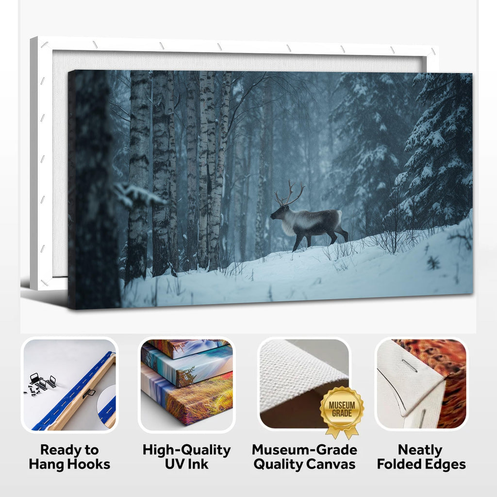 Winter Wall Art Natural Animal Canvas Prints, Rustic Reindeer Painting Christmas Pictures Monochrome Woodland Snow